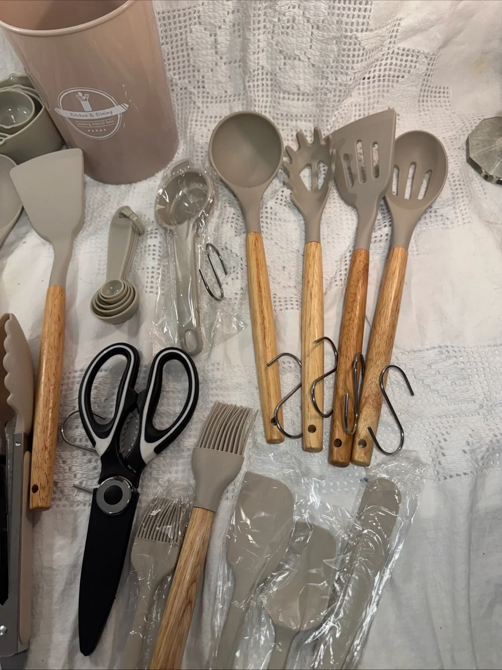 Neutral Beige Silicone & Wood Kitchen Utensil Set with Holder - 36 Piece